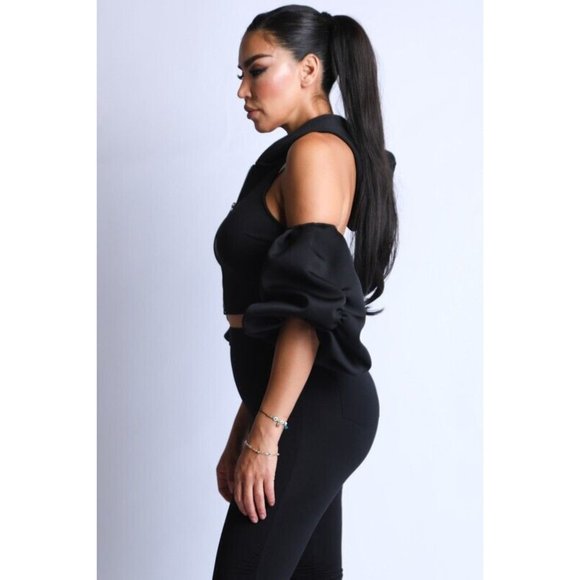 Women's Cold Shoulder Puff Sleeve Crop Top With Hoodie And Matching Pants Set - Picture 2 of 4